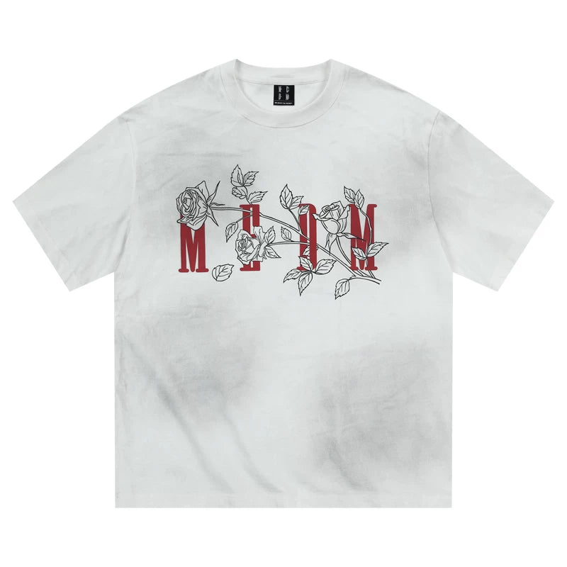 MEDM 26SS Line Branch Rose Wash Short Sleeve Casual T-shirt for Men and Women Summer Loose Round Neck Top t
