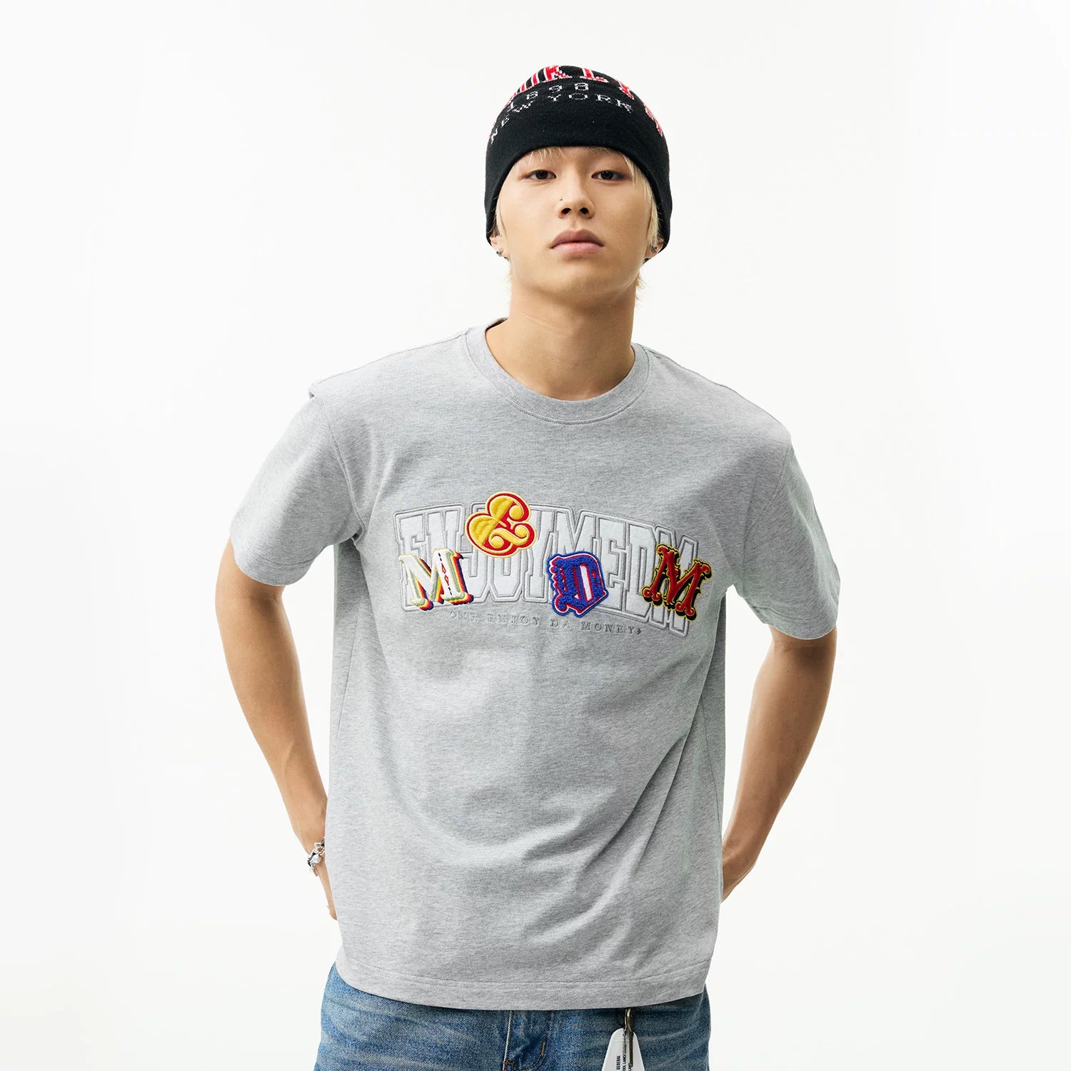 MEDM double-layer contrasting embroidered letters casual round neck T-shirt American retro unisex loose short sleeved summer