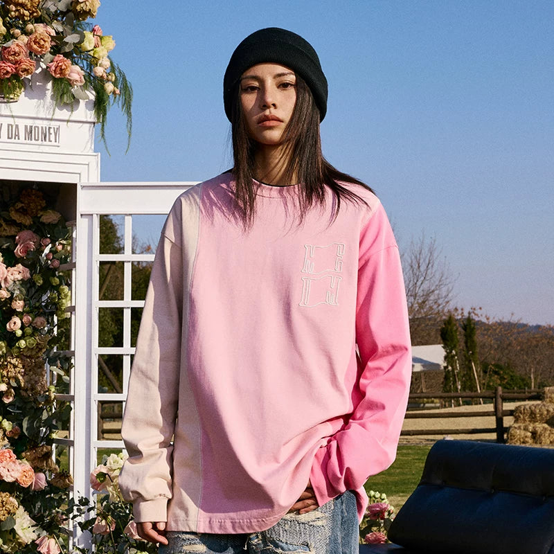 MEDM tricolor stitched letter embroidered round neck long sleeved t-shirt for men and women, ins trendy loose casual base shirt top