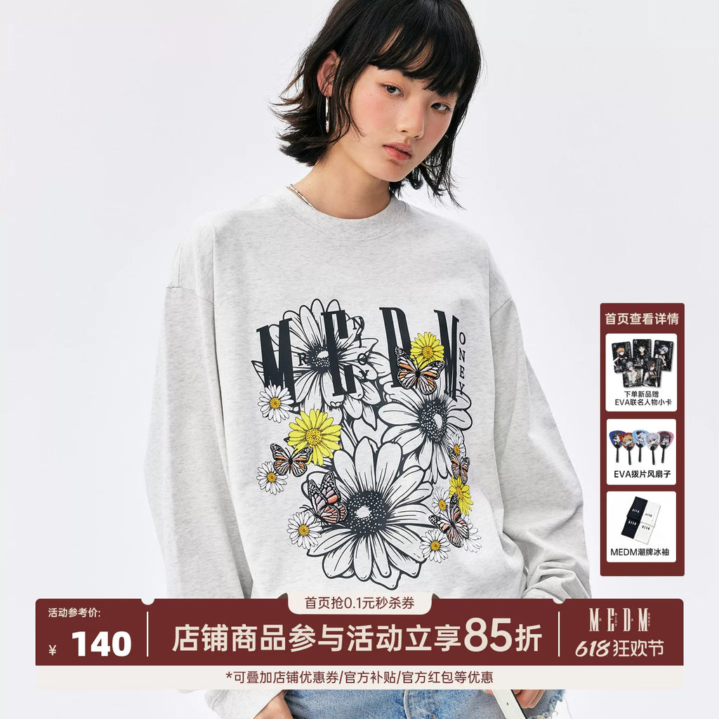 MEDM New Product Letter Color Flower Printed Round Neck Casual Long Sleeve T-shirt Trendy Brand Street Versatile Loose Couple Top