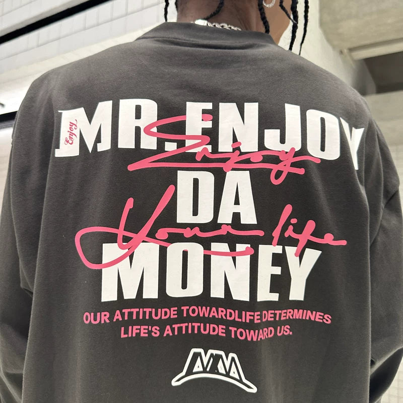 MEDM Trendy Brand Basic Printed Long Sleeve T-shirt for Men and Women, Spring and Autumn American High Street Retro Casual T-shirt