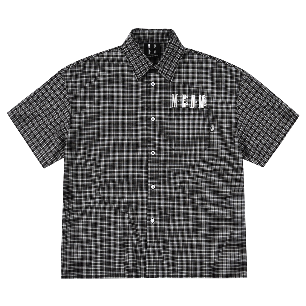 MEDM retro college style embroidered casual plaid shirt American men's and women's loose collared short sleeved plaid top