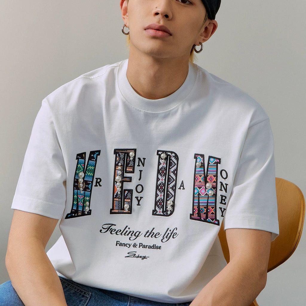 MEDM26SS pearl ethnic style design short sleeved unisex half sleeved tee round neck summer trendy T-shirt top