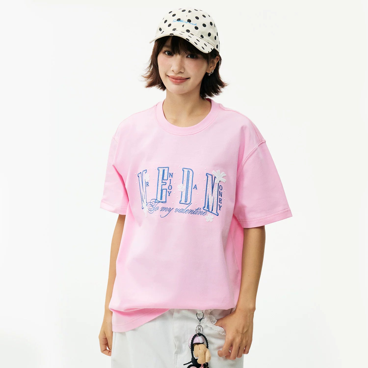 MEDM lace floral chest 3D embroidered logo casual round neck T-shirt trendy loose couple short sleeved summer