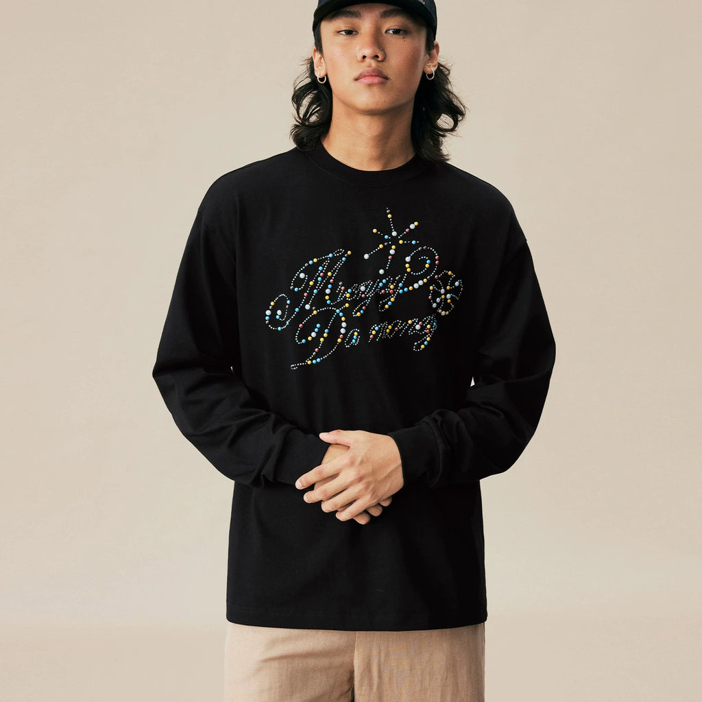 MEDM colored stone nail bead logo casual round neck long sleeved T-shirt trendy, fashionable, comfortable, loose couple top for autumn and winter