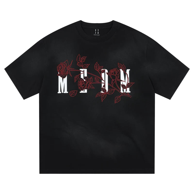 MEDM 26SS Line Branch Rose Wash Short Sleeve Casual T-shirt for Men and Women Summer Loose Round Neck Top t