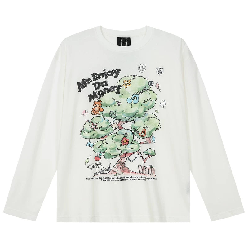 MEDM Fun Card Stickers Printed Stickers Casual Round Neck Long Sleeve T-shirt Spring/Summer Cute Style Loose Top for Men and Women
