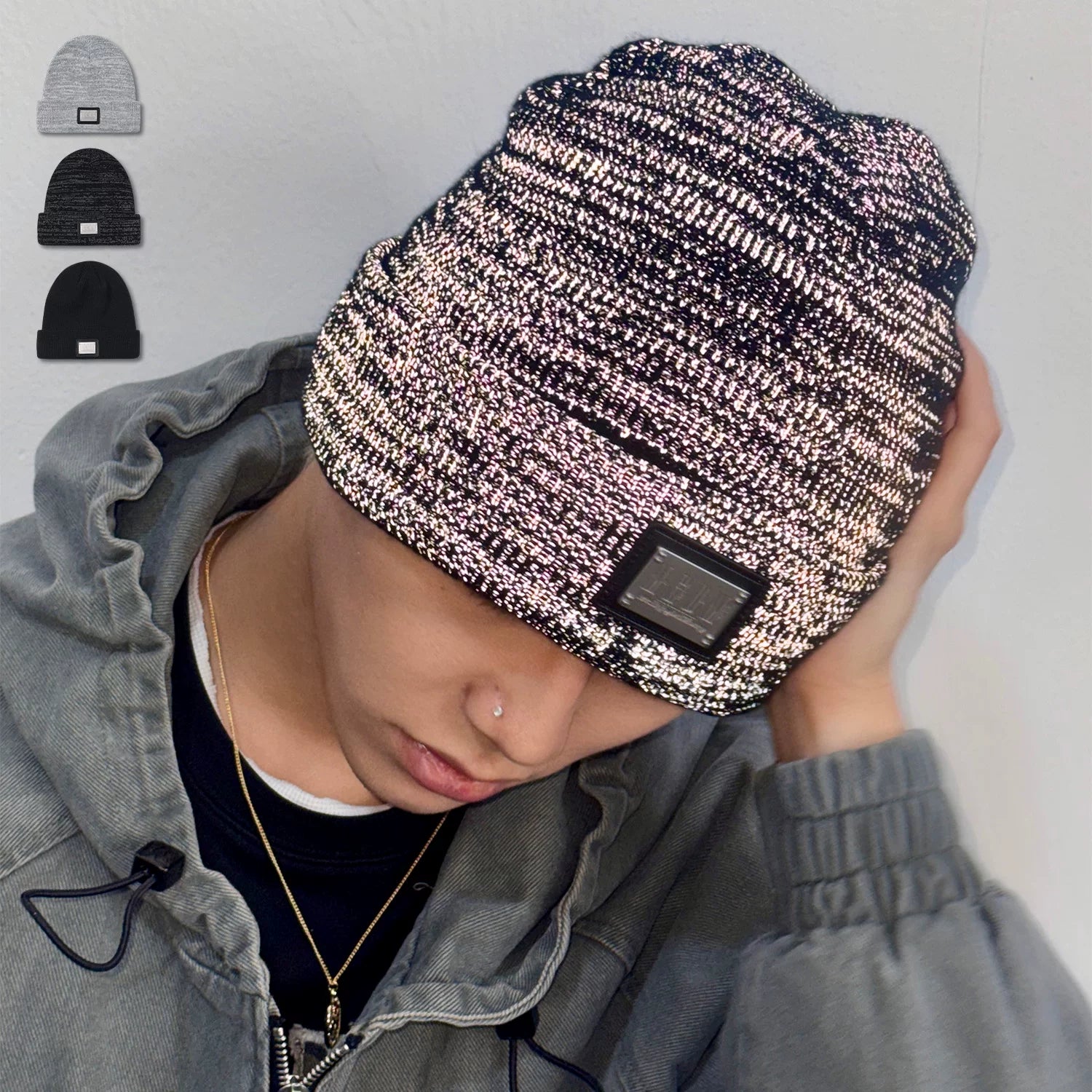 MEDM Metal Leather Brand Starry Sky Cold Hat, Cold resistant and Warm Knitted Hat, American Reflective Winter Hat, Trendy