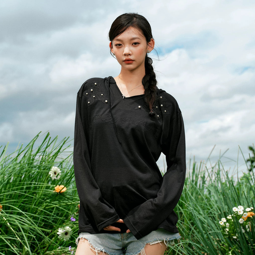 MEDM Hoodie Shoulders Dark Flower Nail Bead Long Sleeve T-shirt Commuter Thin Solid Color Simple Casual Top Autumn