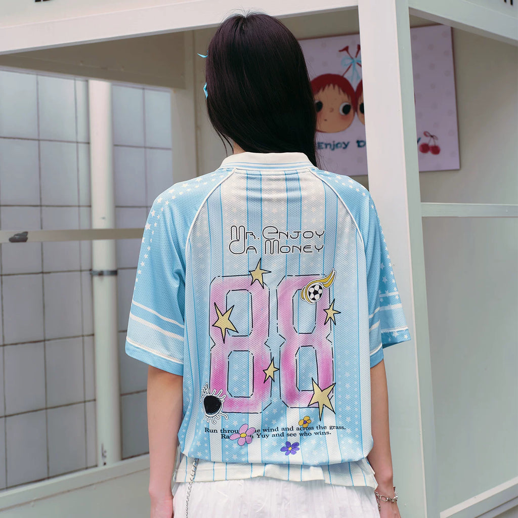 MEDM × YUY Jade Collaboration - Pattern Printed Letter Embroidered Casual Collar Jersey Short Sleeve Versatile Sweet Cool T-shirt