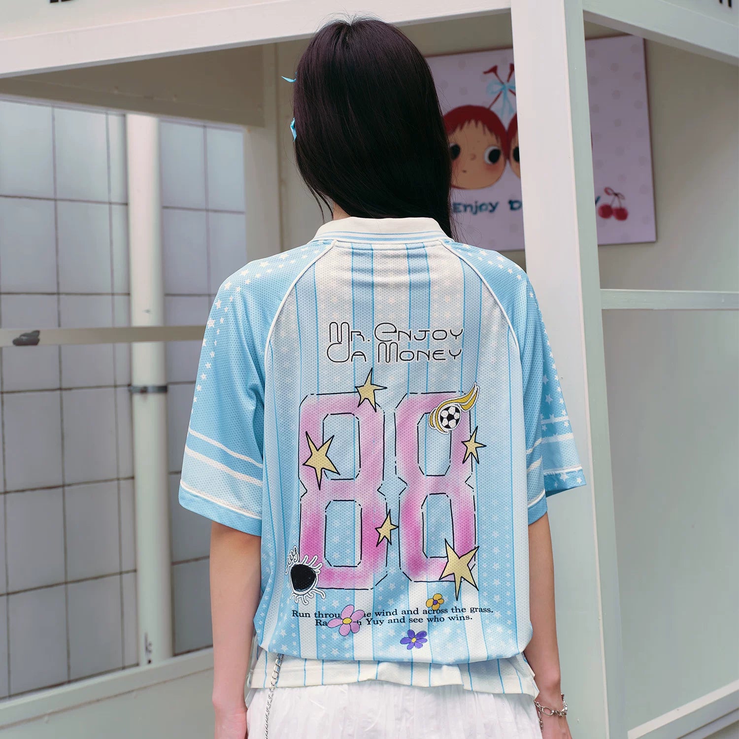 MEDM × YUY Jade Collaboration - Pattern Printed Letter Embroidered Casual Collar Jersey Short Sleeve Versatile Sweet Cool T-shirt