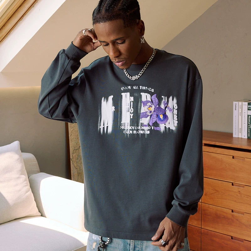 MEDM Phantom Flower Embroidery Long Sleeve T-shirt for Men, Autumn Loose Top, American Hip Hop Retro Casual T-shirt