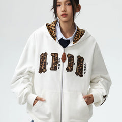 MEDM leopard print hat with leather lining, casual zipper hoodie, American couple casual cardigan, hooded and fleece hoodie, autumn
