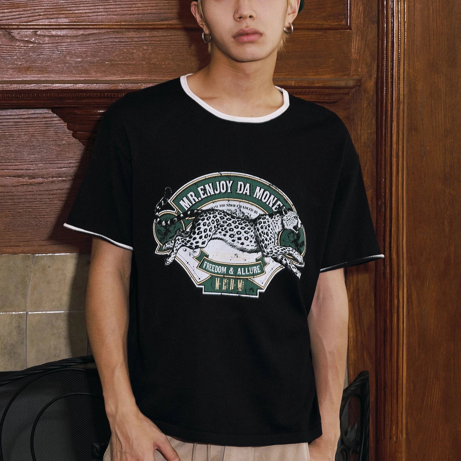 MEDM tricolor vintage printed cheetah pattern American casual short sleeved street trendy round neck pure cotton T-shirt for men and women