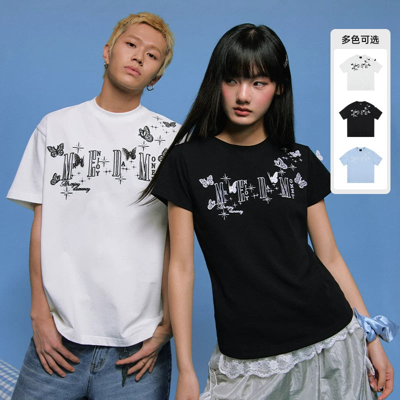 MEDM American style short sleeved T-shirt with lace butterfly design, unisex summer T-shirt, trendy brand style round neck short sleeved shirt