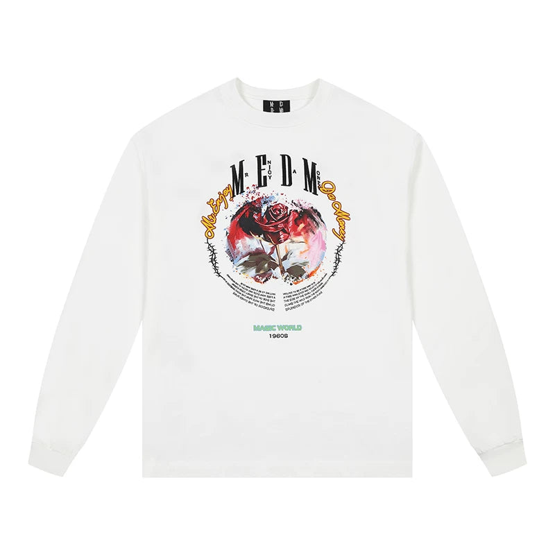 MEDM Flower Thorn Round Text Layout Long Sleeve T-shirt Spring and Autumn Men's Trendy Brand American Casual T-shirt Top
