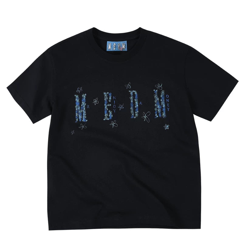 MEDM × YUY Jade Collaboration - Blue Flower Embroidered Logo Back Large Print Casual Short Sleeve Round Neck T-shirt