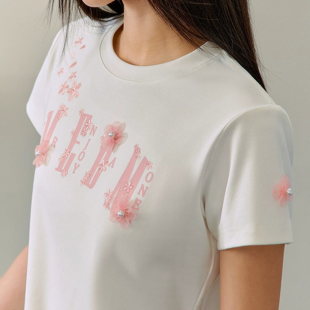 MEDM26SS cherry blossom shoulder over short sleeved men's loose five quarter sleeve summer casual T-shirt couple pullover top women