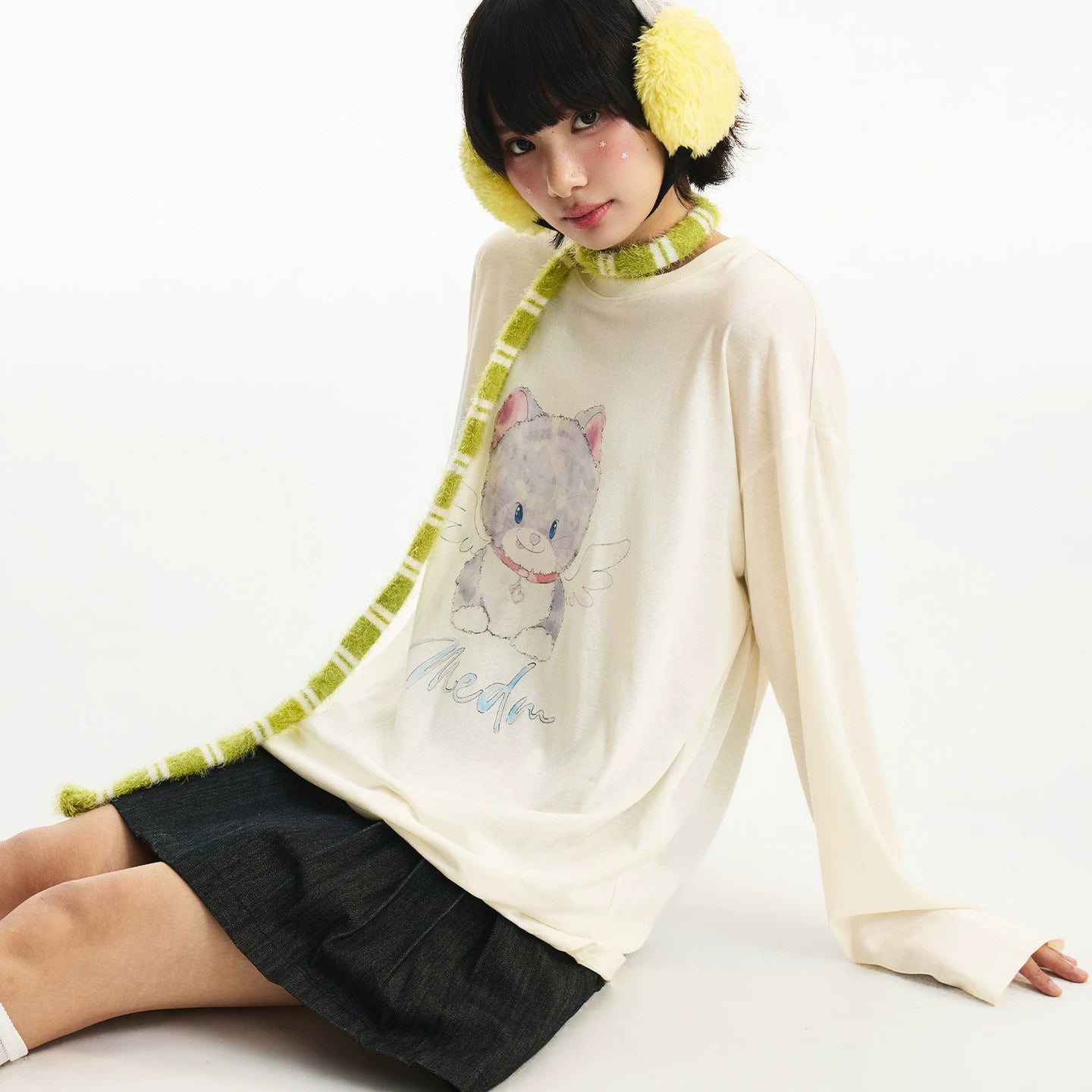 MEDM Angel Cat Pattern Printed Casual Round Neck Long Sleeve T-shirt Women's Versatile Cute Style Loose Top Summer