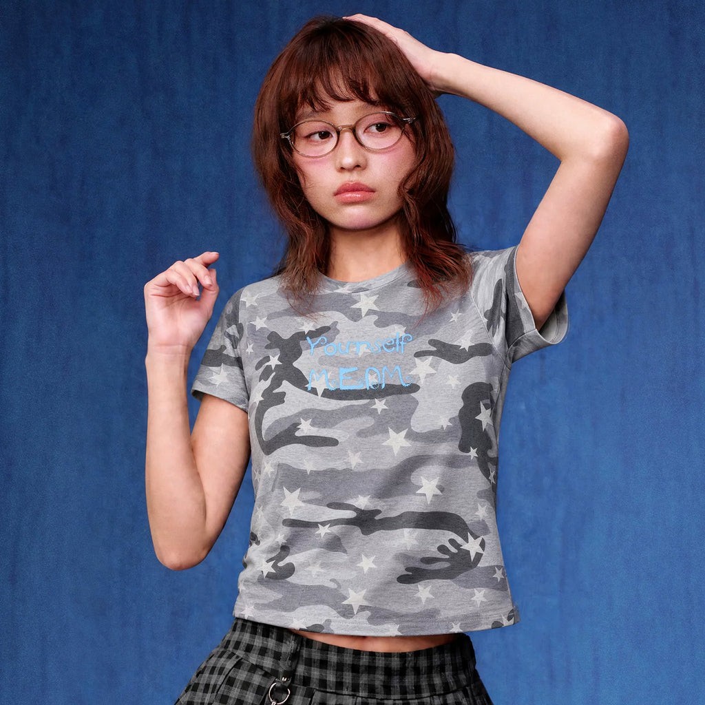 MEDM chest handwritten slogan print camouflage stars full print casual T-shirt American street style round neck short sleeved shirt