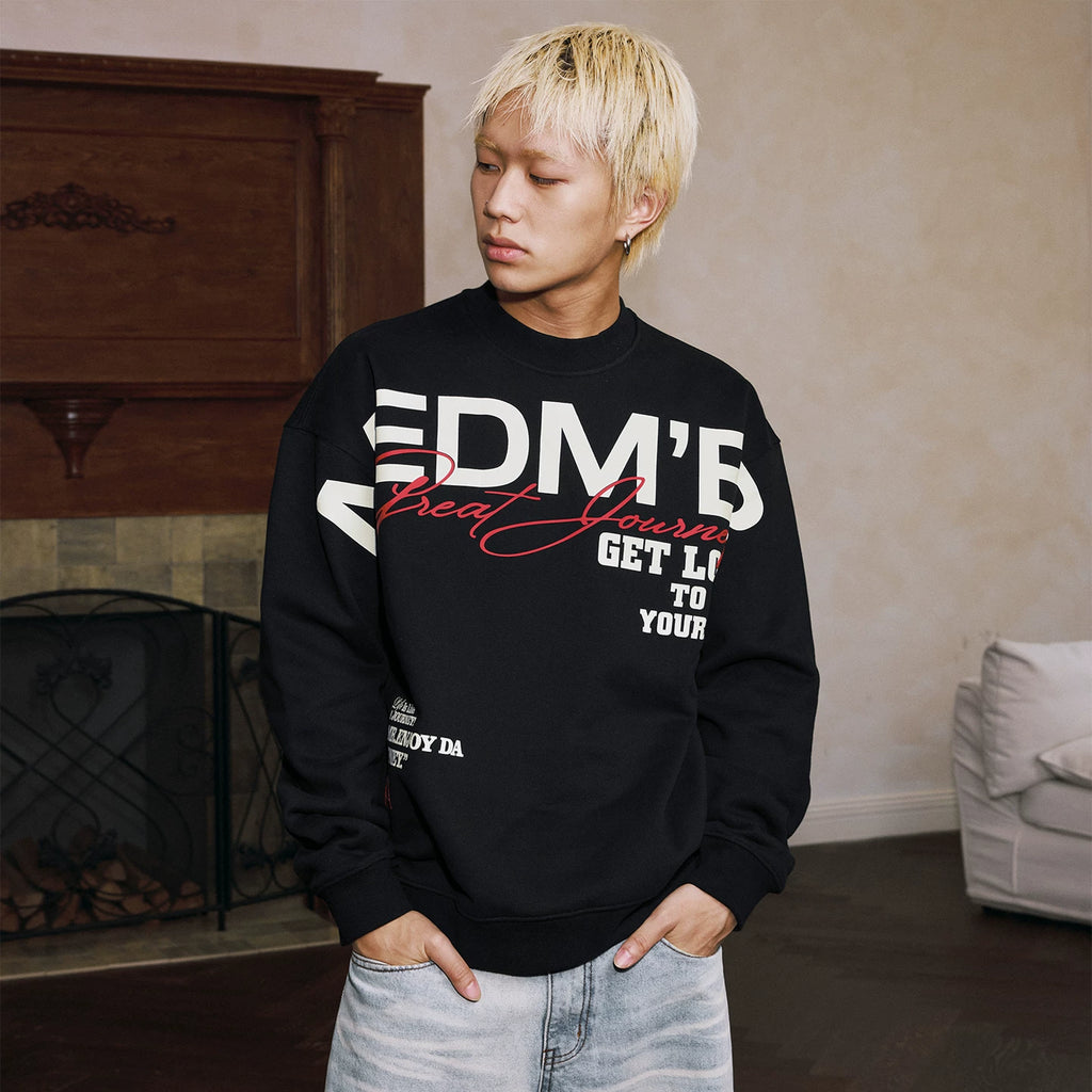 MEDM large letter layout printed casual round neck fleece hoodie simple and versatile couple pullover top for spring and autumn