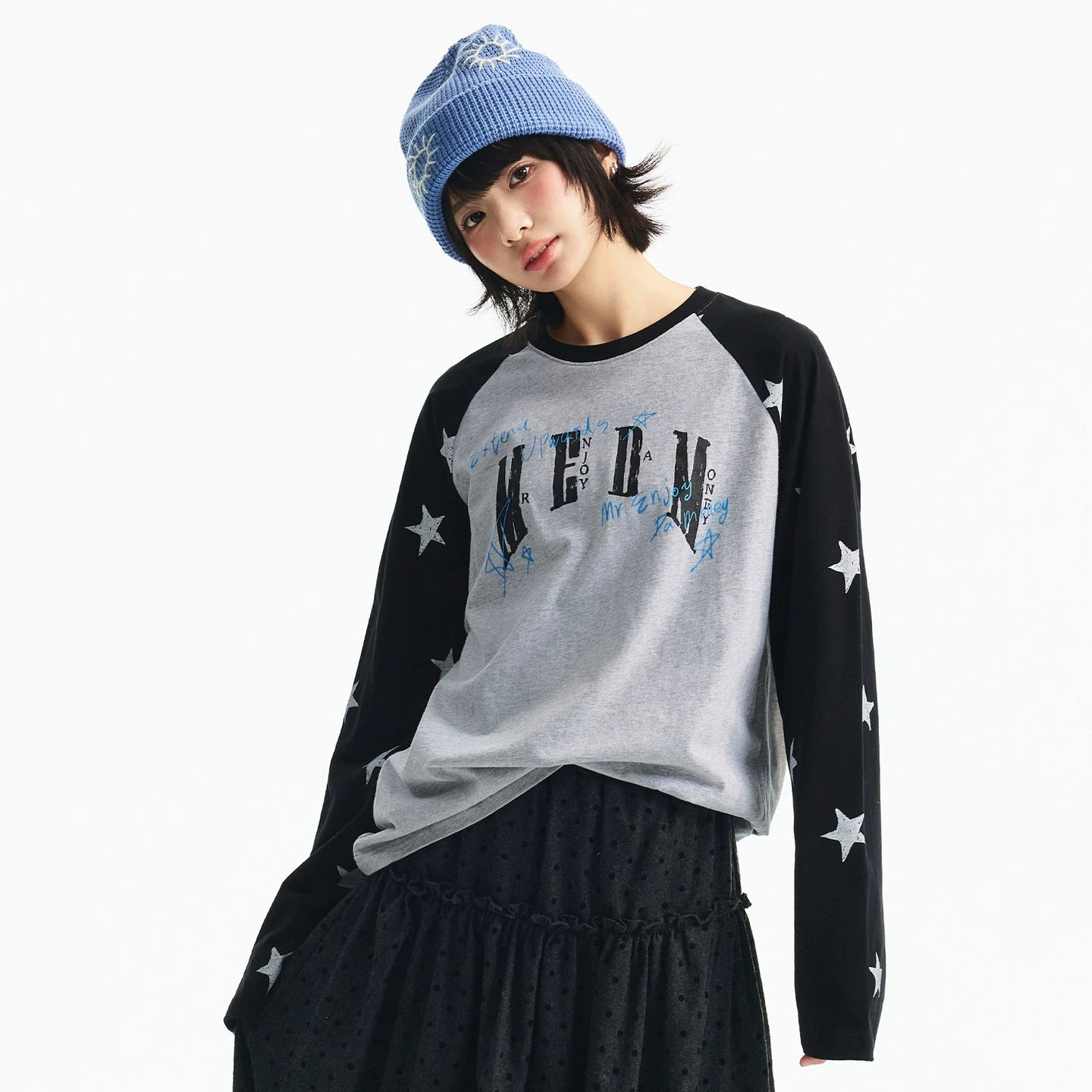 MEDM Handwritten Graffiti Printed Stars Full Print Casual Shoulder Long Sleeve T-shirt Trendy Unisex Loose Top