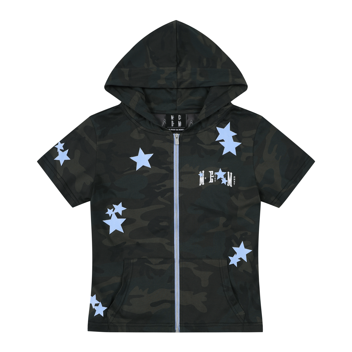 MEDM camouflage star sticker casual short sleeved hoodie cute style zipper slim fit cardigan hooded T-shirt for women