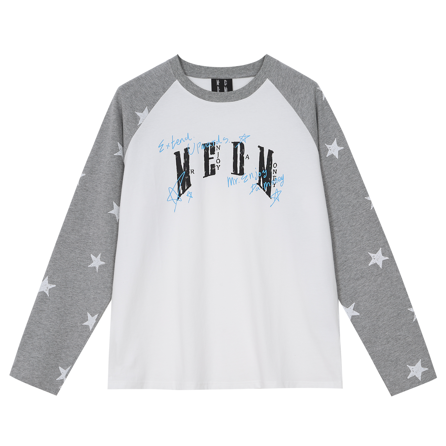 MEDM Handwritten Graffiti Printed Stars Full Print Casual Shoulder Long Sleeve T-shirt Trendy Unisex Loose Top
