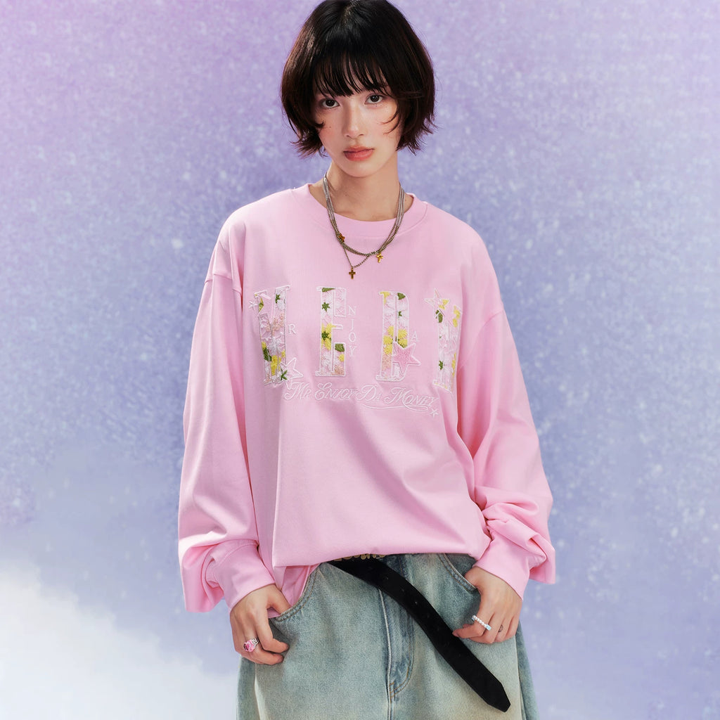 MEDM letter hollowed out flower patch casual long sleeved T-shirt simple and versatile commuting round neck couple top for spring and autumn