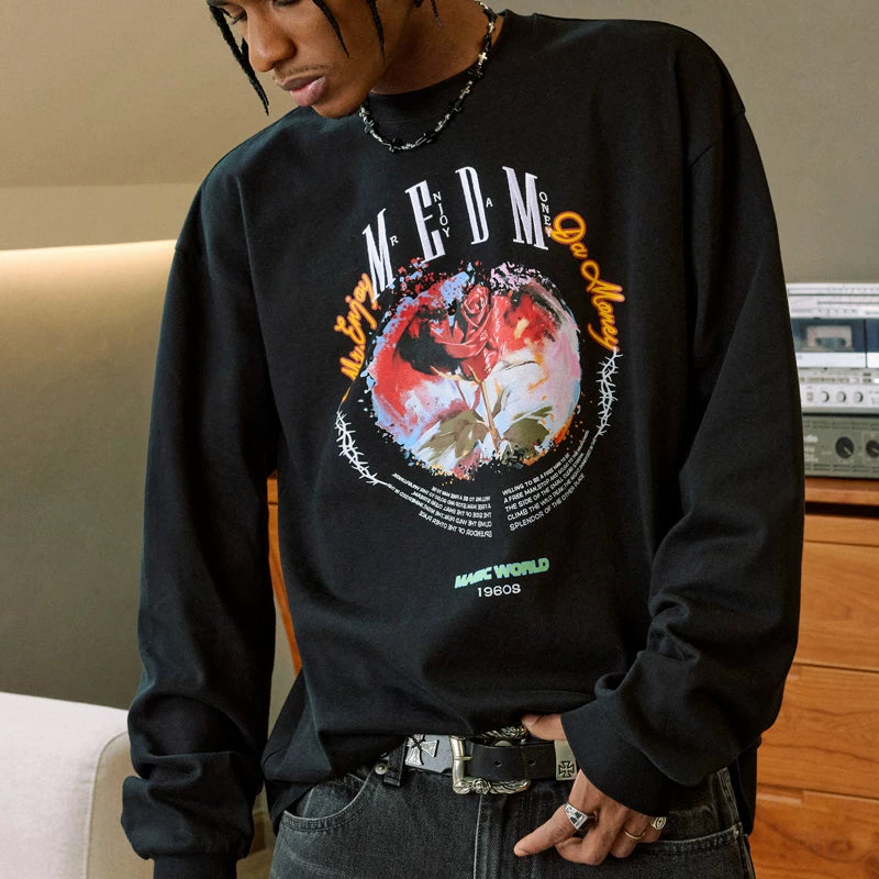 MEDM Flower Thorn Round Text Layout Long Sleeve T-shirt Spring and Autumn Men's Trendy Brand American Casual T-shirt Top