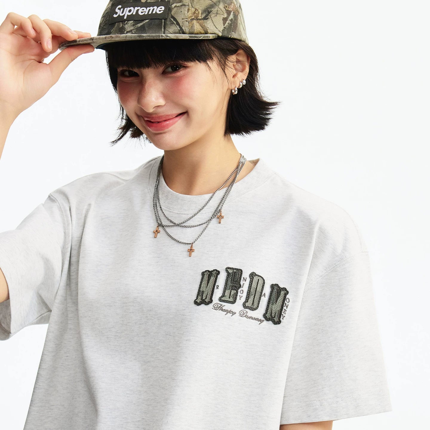 MEDM Basic Micro Wide Double Layer Leather Casual Round Neck Short Sleeve American Retro Street Versatile Loose T-shirt for Men and Women