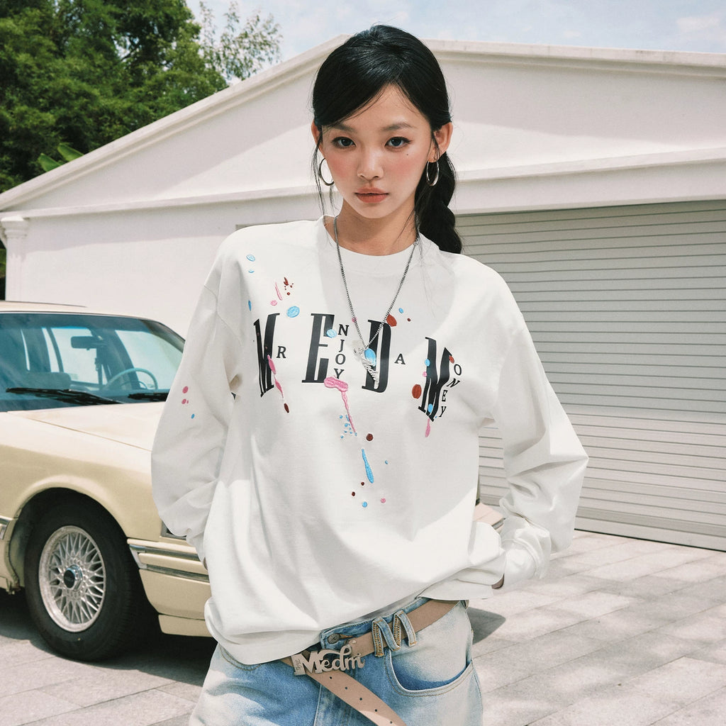 MEDM paint splatter embroidery print casual round neck long sleeved T-shirt American versatile breathable comfortable couple top