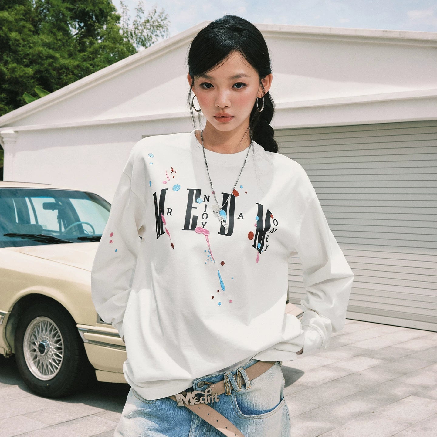 MEDM paint splatter embroidery print casual round neck long sleeved T-shirt American versatile breathable comfortable couple top