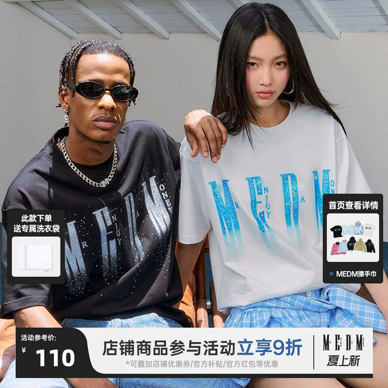 MEDM26SSLOGO Flash Hot Diamond Short Sleeve Men's High end Feeling Pi Shuai Trendy Brand Summer T-shirt Women's Retro T-shirt
