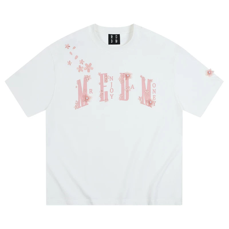 MEDM26SS cherry blossom shoulder over short sleeved men's loose five quarter sleeve summer casual T-shirt couple pullover top women