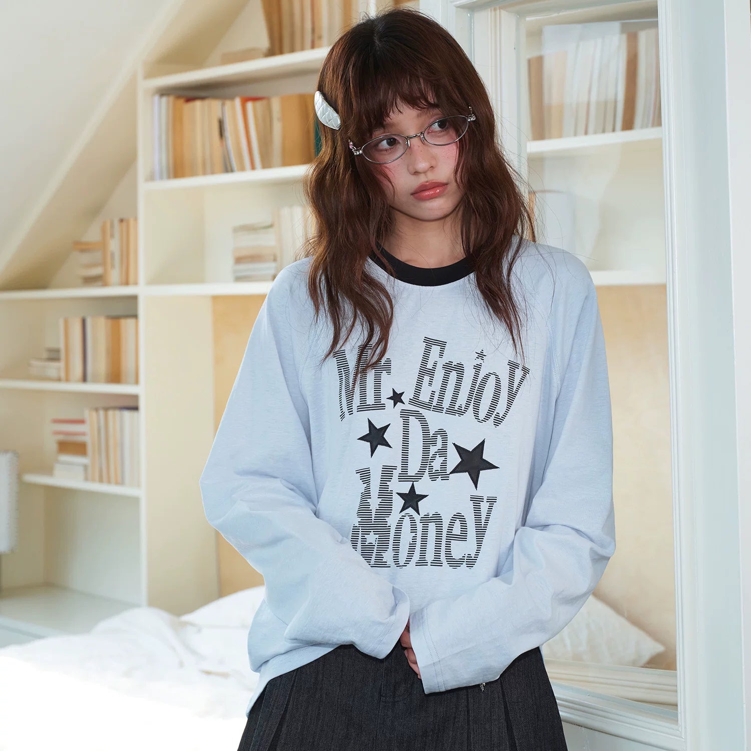 MEDM Star Skin Retro Stripe Casual Round Neck Long Sleeve T-shirt American Street Simple and High End Top Trendy