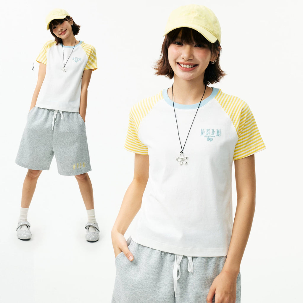 MEDM Basic Stripe Splicing Shoulder Sleeve Casual T-shirt Summer American Retro Logo Embroidered Loose Short Sleeve for Women