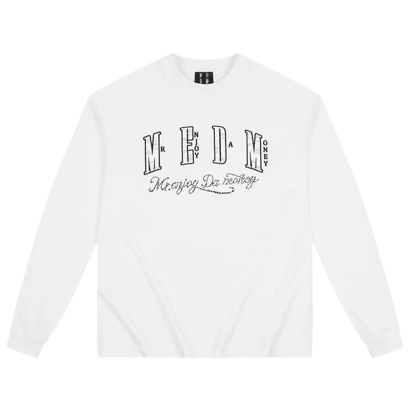 MEDM multi-color small fragrance patch fabric pearl round neck loose long sleeved T-shirt trendy street versatile casual couple top