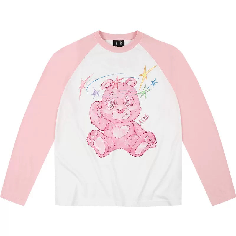 MEDM Dazzling Bear Series Printed Thin Fabric Shoulder Insertion Long Sleeve T-shirt Spring and Autumn Trendy Brand Round Neck Couple's Top