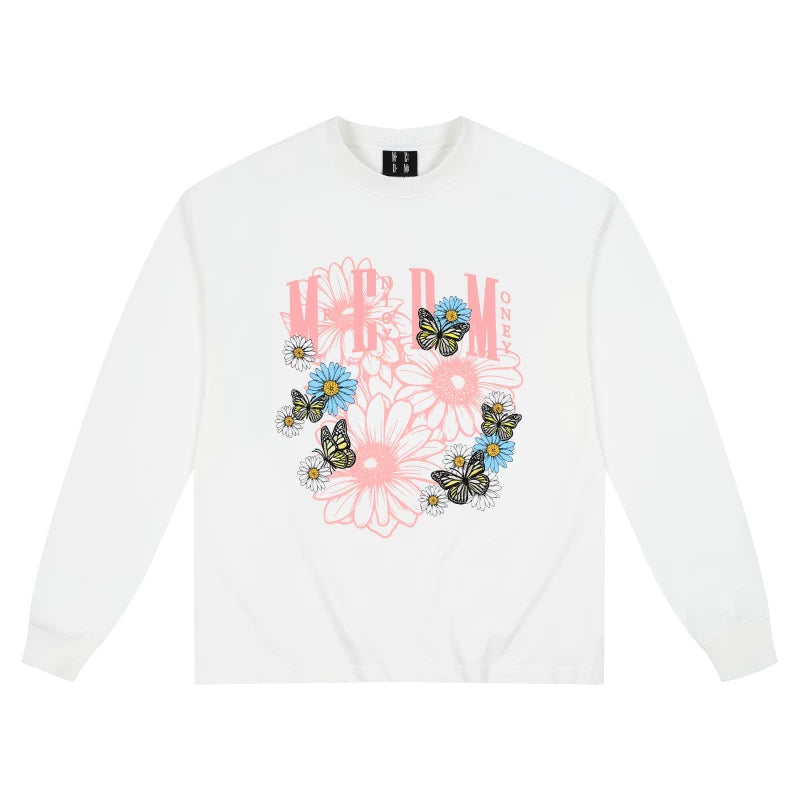 MEDM New Product Letter Color Flower Printed Round Neck Casual Long Sleeve T-shirt Trendy Brand Street Versatile Loose Couple Top