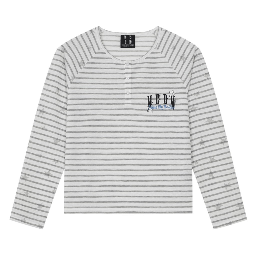 MEDM fine striped star raglan sleeves Henley shirt loose long sleeved T-shirt women's trendy soft girl style casual top