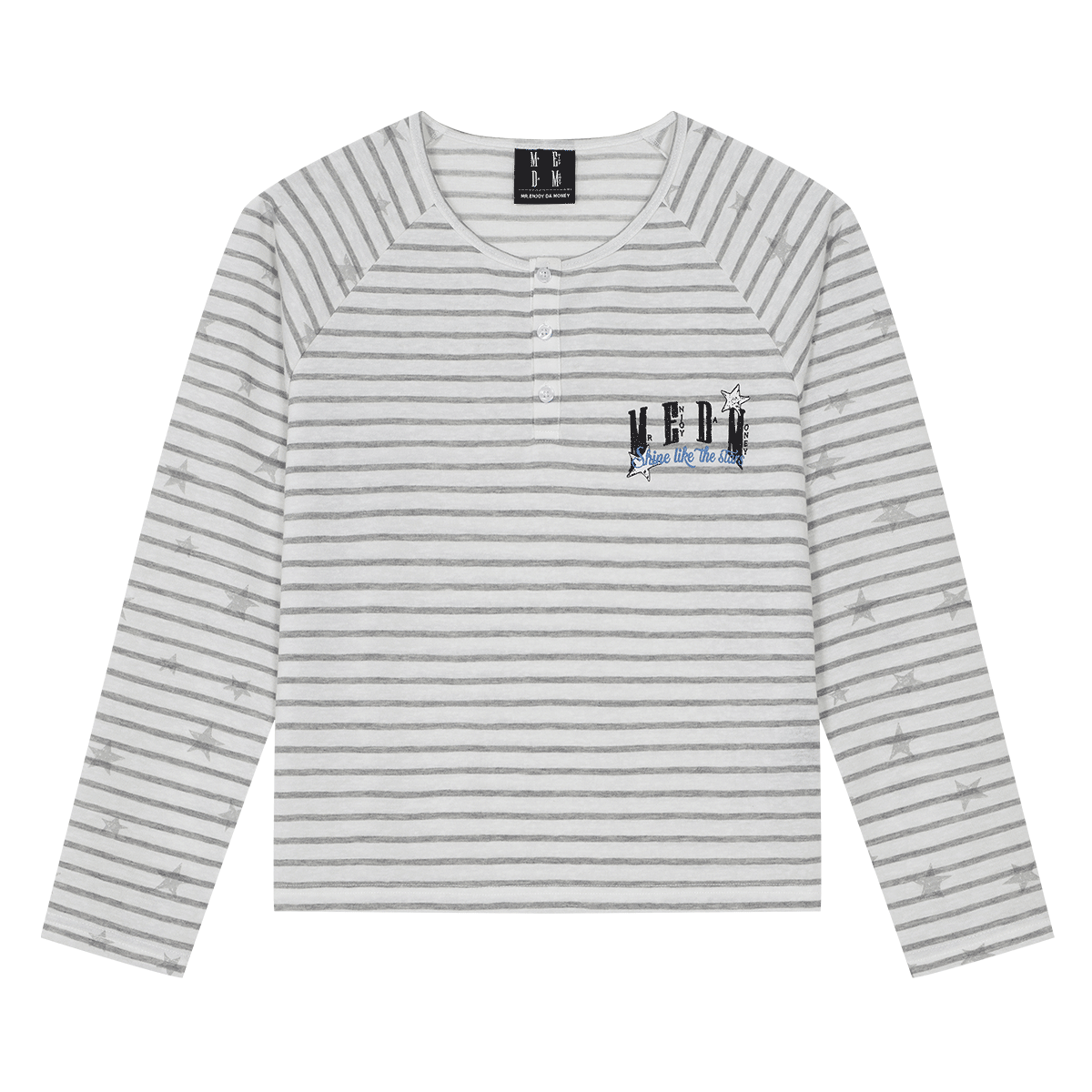 MEDM fine striped star raglan sleeves Henley shirt loose long sleeved T-shirt women's trendy soft girl style casual top