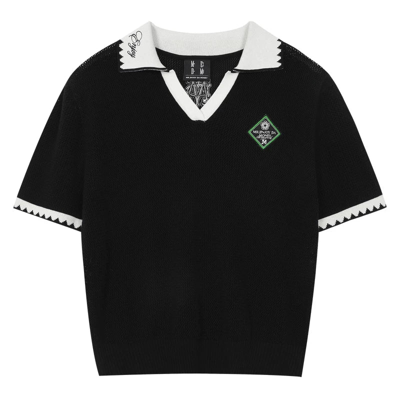 MEDM grid polo contrasting ribbed casual short sleeved street retro breathable lazy style loose couple T-shirt summer