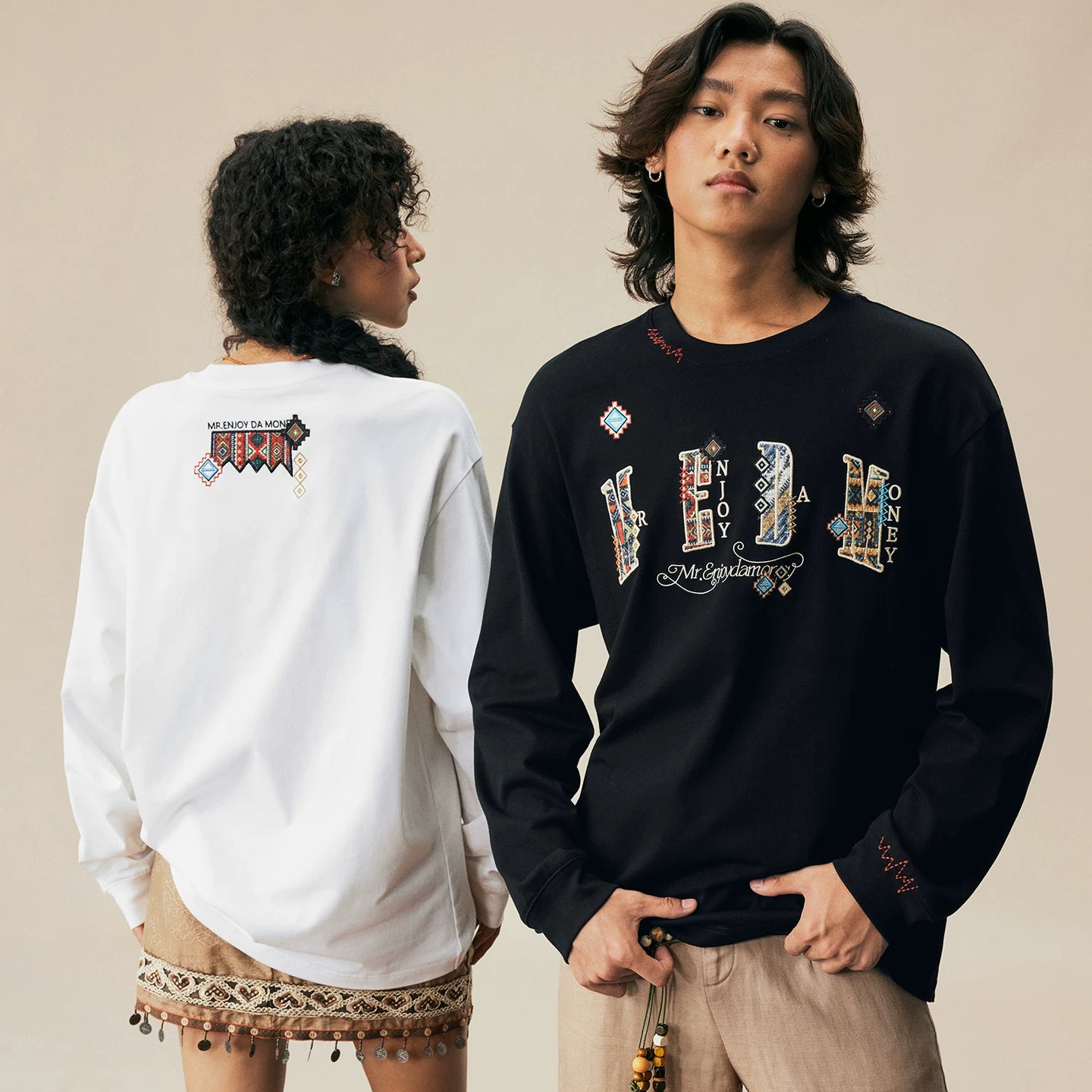 MEDM2025 new product ethnic style small fragrance patch fabric casual long sleeved T-shirt pure cotton round neck couple base shirt top