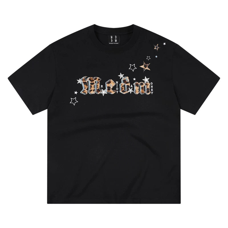 MEDM shoulder over star leopard print horsehair double-layer leather casual round neck short sleeved logo sticker versatile loose couple T-shirt