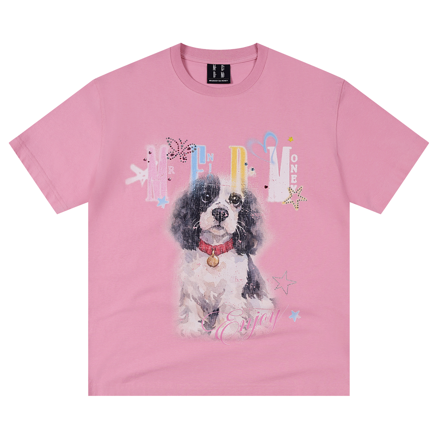 MEDM color rhinestone washed puppy print casual round neck short sleeved American retro heavy-duty loose T-shirt