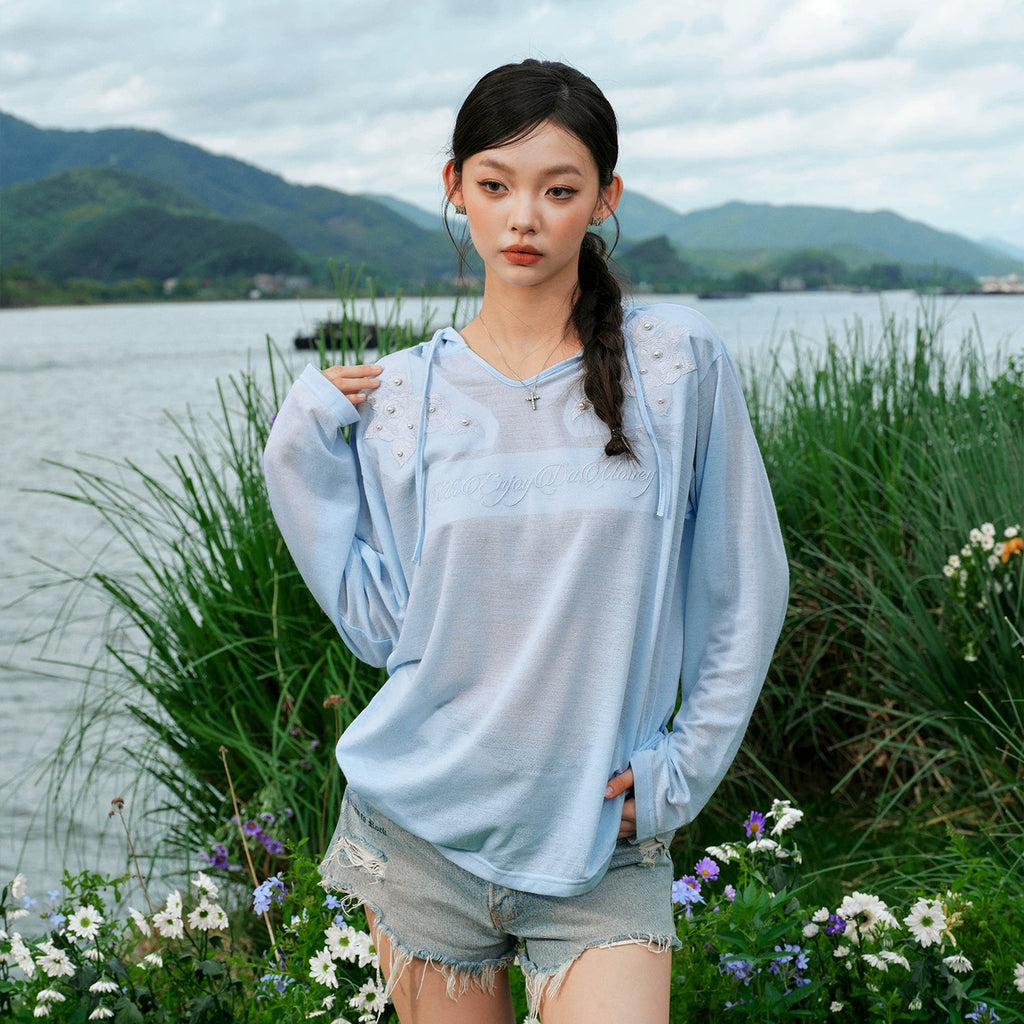 MEDM Hoodie Shoulders Dark Flower Nail Bead Long Sleeve T-shirt Commuter Thin Solid Color Simple Casual Top Autumn