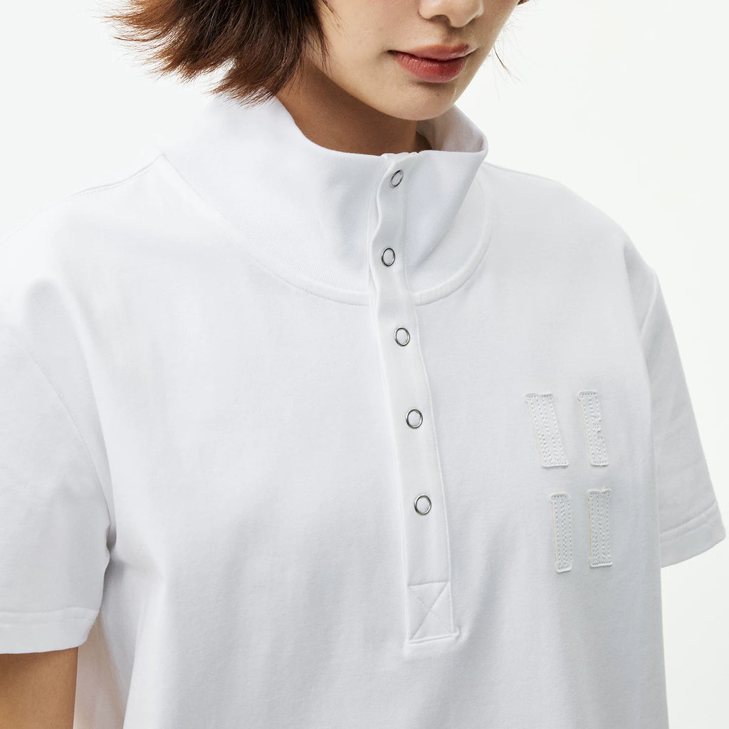 MEDM Embroidered Logo Casual Stand up Collar Short Sleeve Trendy Basic Versatile Simple Unisex Loose T-shirt