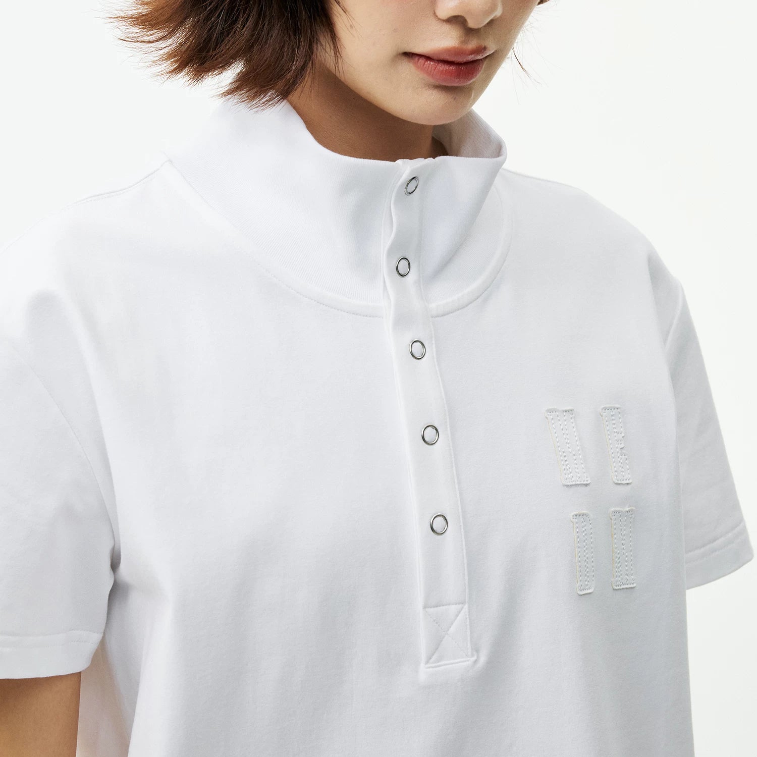 MEDM Embroidered Logo Casual Stand up Collar Short Sleeve Trendy Basic Versatile Simple Unisex Loose T-shirt