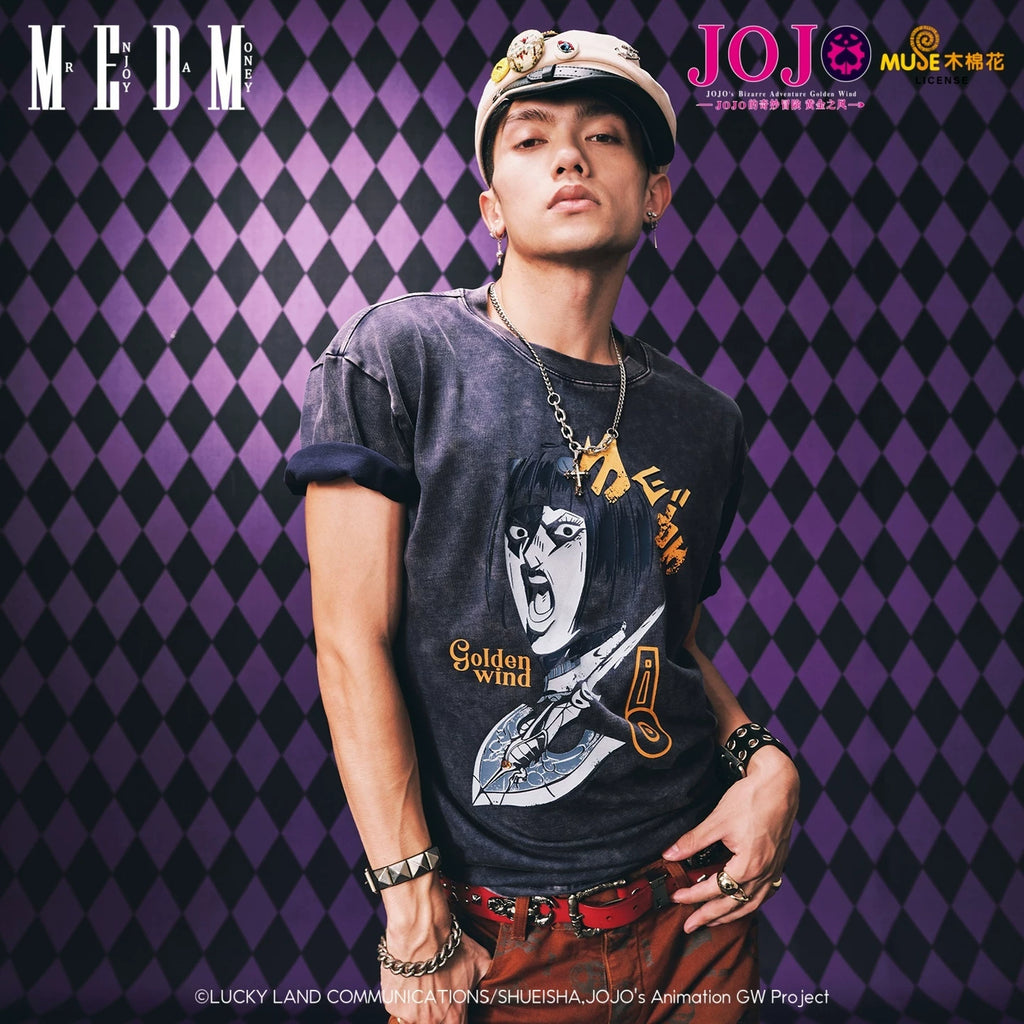 MEDMxJOJO's Bizarre Adventure Collaboration - Making Old Bug Arrow Casual Short Sleeve Washed Retro Round Neck T-shirt for Men